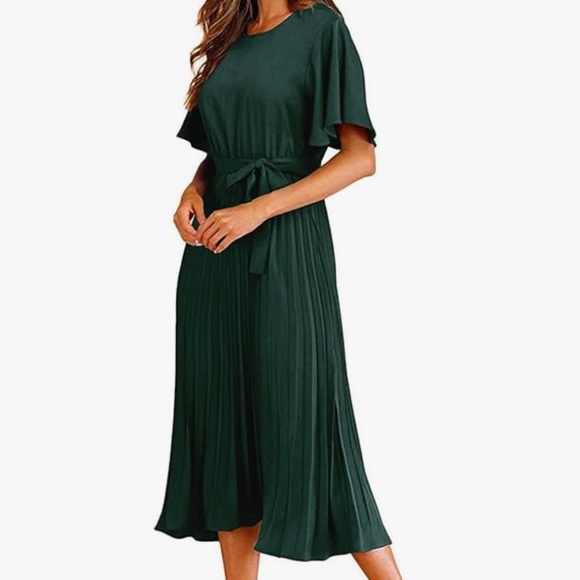 NEW (NWOT) Milumia Women's Elegant Belted Pleated Flounce Sleeve Long Dress - Picture 5 of 9